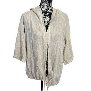 100% LINEN Ivory open front hooded cover up falls just below or at hip